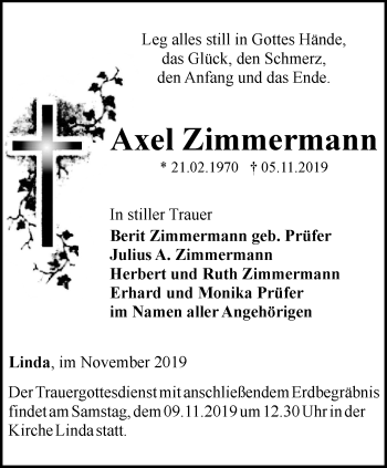 Traueranzeige von Axel Zimmermann von Ostthüringer Zeitung