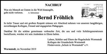 Traueranzeige von Bernd Fröhlich von Thüringer Allgemeine, Thüringische Landeszeitung