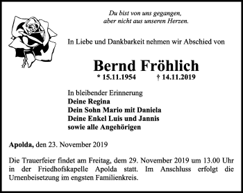 Traueranzeige von Bernd Fröhlich von Thüringer Allgemeine, Thüringische Landeszeitung
