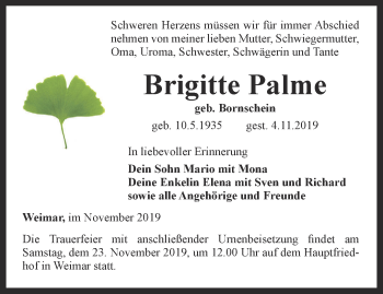 Traueranzeige von Brigitte Palme von Thüringer Allgemeine, Thüringische Landeszeitung