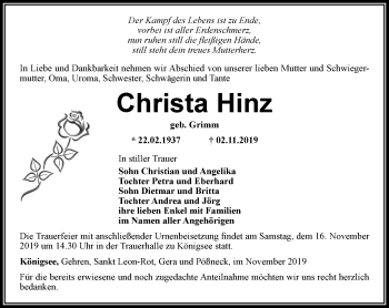 Traueranzeige von Christa Hinz von Ostthüringer Zeitung