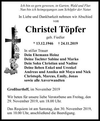 Traueranzeige von Christel Töpfer von Thüringer Allgemeine