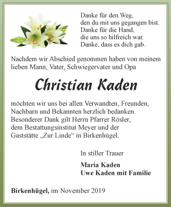 Traueranzeige von Christian Kaden von Ostthüringer Zeitung