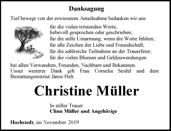 Traueranzeige von Christine Müller von Thüringer Allgemeine, Thüringische Landeszeitung