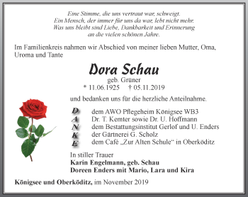 Traueranzeige von Dora Schau von Ostthüringer Zeitung