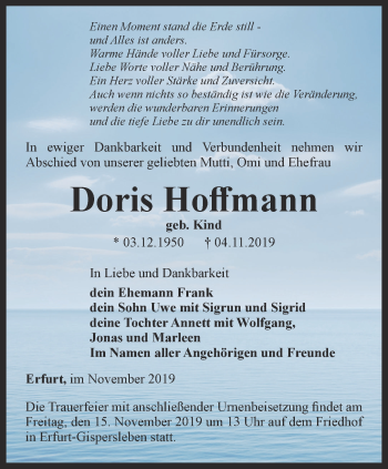 Traueranzeige von Doris Hoffmann von Thüringer Allgemeine, Thüringische Landeszeitung