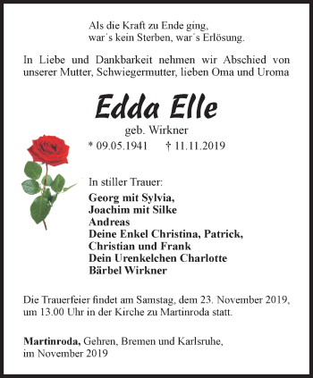 Traueranzeige von Edda Elle von Thüringer Allgemeine