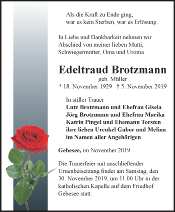 Traueranzeige von Edeltraud Brotzmann von Thüringer Allgemeine, Thüringische Landeszeitung