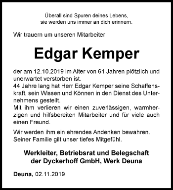 Traueranzeige von Edgar Kemper von Thüringer Allgemeine