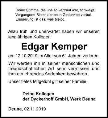 Traueranzeige von Edgar Kemper von Thüringer Allgemeine