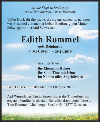 Traueranzeige von Edith Rommel von Ostthüringer Zeitung, Thüringische Landeszeitung