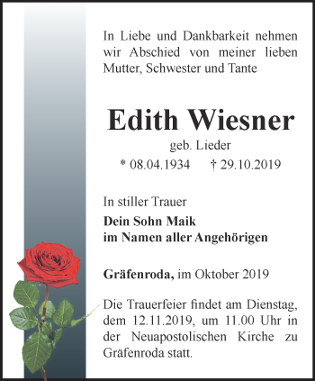 Traueranzeige von Edith Wiesner von Thüringer Allgemeine