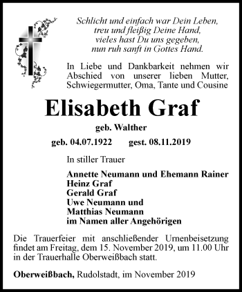 Traueranzeige von Elisabeth Graf von Ostthüringer Zeitung