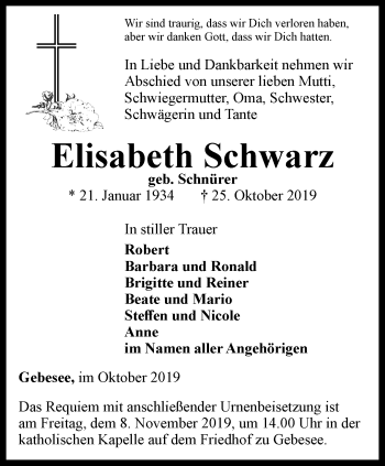 Traueranzeige von Elisabeth Schwarz von Thüringer Allgemeine, Thüringische Landeszeitung