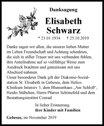 Traueranzeige von Elisabeth Schwarz von Thüringer Allgemeine, Thüringische Landeszeitung