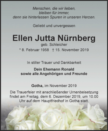 Traueranzeige von Ellen Jutta Nürnberg von Ostthüringer Zeitung, Thüringische Landeszeitung
