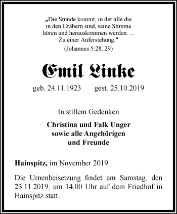 Traueranzeige von Emil Linke von Ostthüringer Zeitung