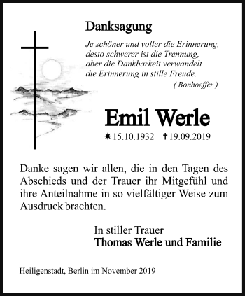 Traueranzeige von Emil Werle von Thüringer Allgemeine