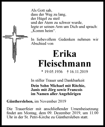 Traueranzeige von Erika Fleischmann von Ostthüringer Zeitung, Thüringische Landeszeitung