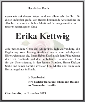 Traueranzeige von Erika Kettwig von Ostthüringer Zeitung, Thüringische Landeszeitung