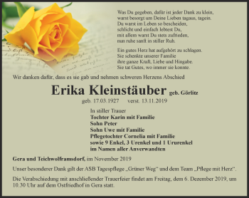 Traueranzeige von Erika Kleinstäuber von Ostthüringer Zeitung