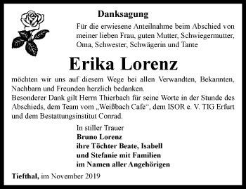 Traueranzeige von Erika Lorenz von Thüringer Allgemeine, Thüringische Landeszeitung