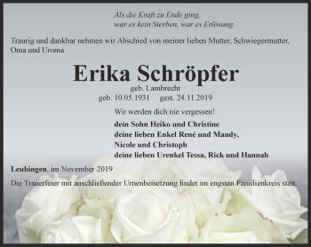 Traueranzeige von Erika Schröpfer von Thüringer Allgemeine