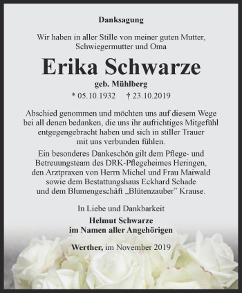 Traueranzeige von Erika Schwarze von Thüringer Allgemeine
