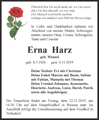 Traueranzeige von Erna Harz von Thüringer Allgemeine, Thüringische Landeszeitung