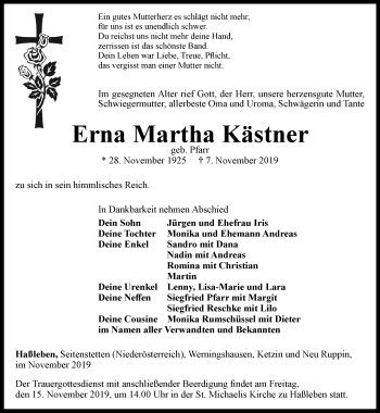 Traueranzeige von Erna Martha Kästner von Thüringer Allgemeine, Thüringische Landeszeitung