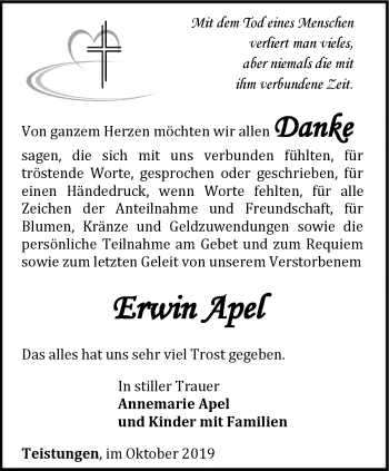 Traueranzeige von Erwin Apel von Thüringer Allgemeine