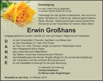 Traueranzeige von Erwin Großhans von Ostthüringer Zeitung