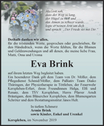 Traueranzeige von Eva Brink von Thüringer Allgemeine, Thüringische Landeszeitung