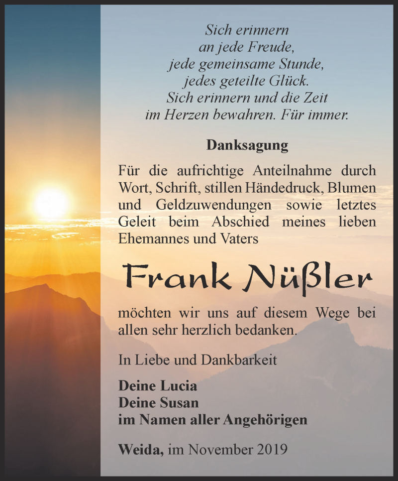  Traueranzeige für Frank Nüßler vom 16.11.2019 aus Ostthüringer Zeitung