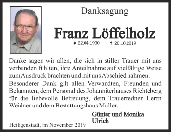 Traueranzeige von Franz Löffelholz von Thüringer Allgemeine