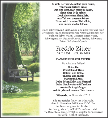 Traueranzeige von Freddo Zitter von Thüringer Allgemeine, Thüringische Landeszeitung