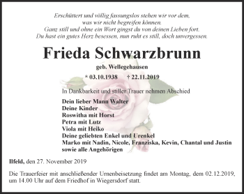 Traueranzeige von Frieda Schwarzbrunn von Thüringer Allgemeine