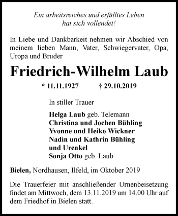 Traueranzeige von Friedrich-Wilhelm Laub von Thüringer Allgemeine