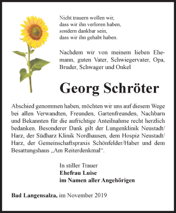 Traueranzeige von Georg Schröter von Thüringer Allgemeine, Thüringische Landeszeitung