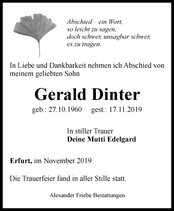 Traueranzeige von Gerald Dinter