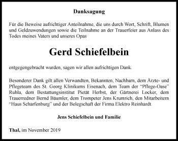 Traueranzeige von Gerd Schiefelbein von Thüringer Allgemeine, Thüringische Landeszeitung