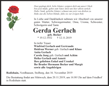 Traueranzeige von Gerda Gerlach von Thüringer Allgemeine