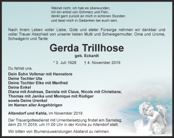 Traueranzeige von Gerda Trillhose von Ostthüringer Zeitung, Thüringische Landeszeitung