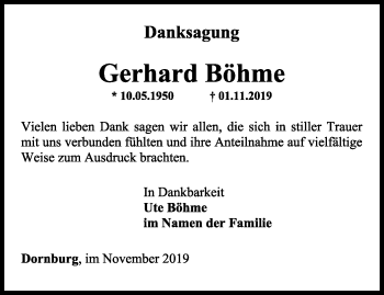 Traueranzeige von Gerhard Böhme von Ostthüringer Zeitung, Thüringische Landeszeitung