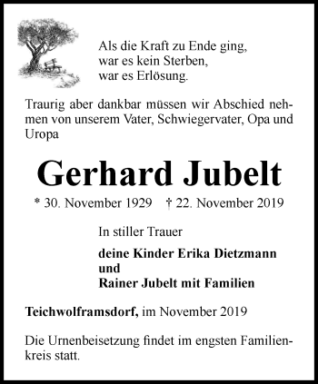 Traueranzeige von Gerhard Jubelt von Ostthüringer Zeitung
