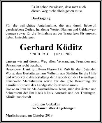 Traueranzeige von Gerhard Köditz von Thüringer Allgemeine