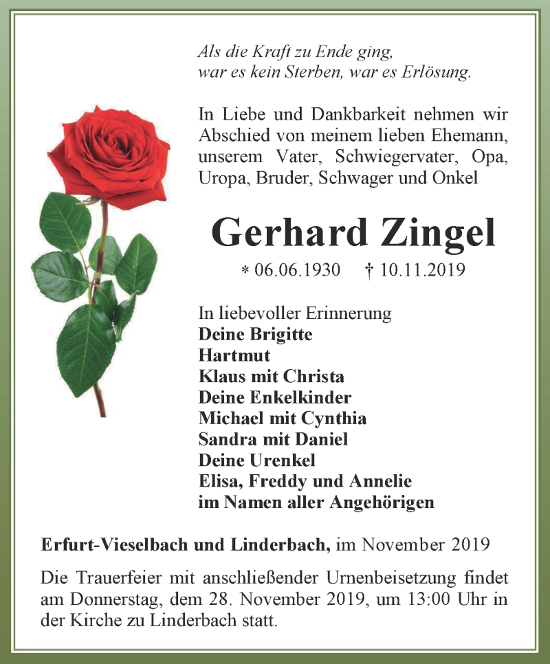 Traueranzeigen von Gerhard Zingel trauerinthueringen.de