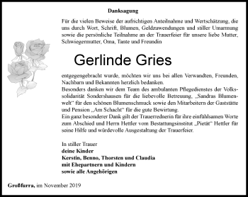 Traueranzeige von Gerlinde Gries von Thüringer Allgemeine