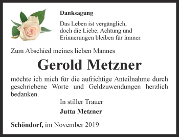 Traueranzeige von Gerold Metzner von Ostthüringer Zeitung