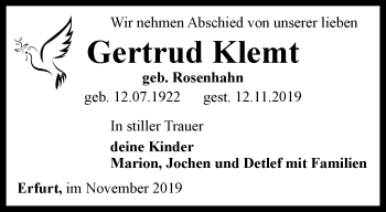 Traueranzeige von Gertrud Klemt von Thüringer Allgemeine, Thüringische Landeszeitung